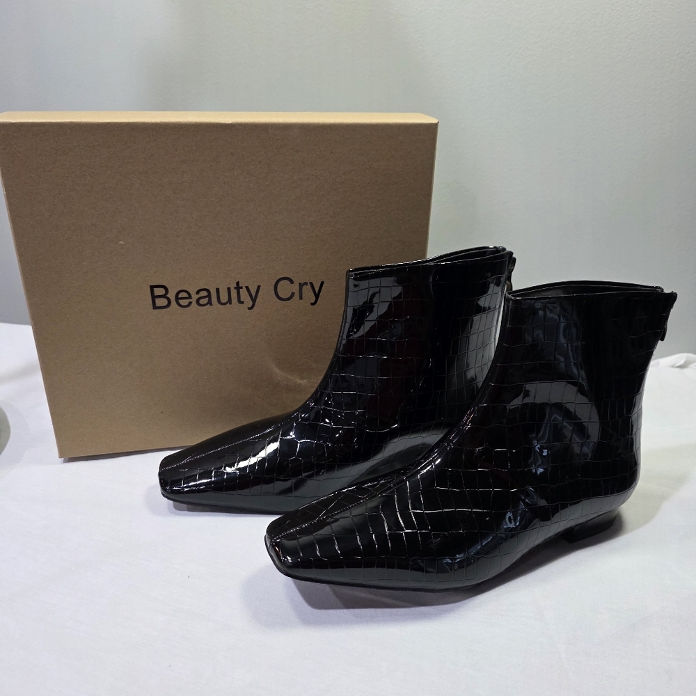 NWT Beauty Cry Low Heel Square Toe Glossy Black Crocodile Ankle Booties. 8